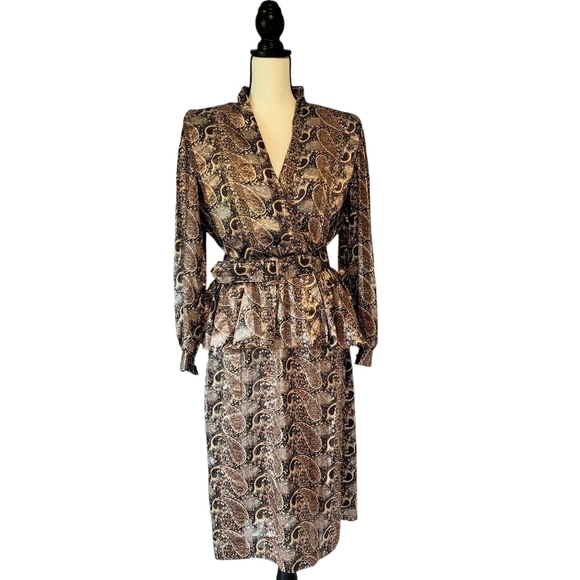 Damon II vintage 80s peplum belted long sleeve shimmery paisley print dress